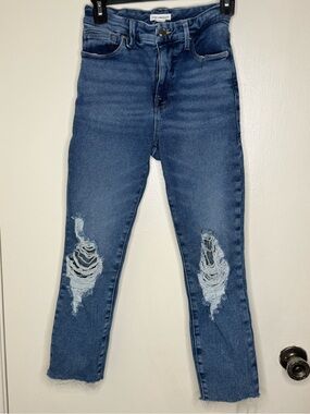 Good American Good Waist Crop Skinny Jeans 0/25 Distressed Raw Hem BLUEB55